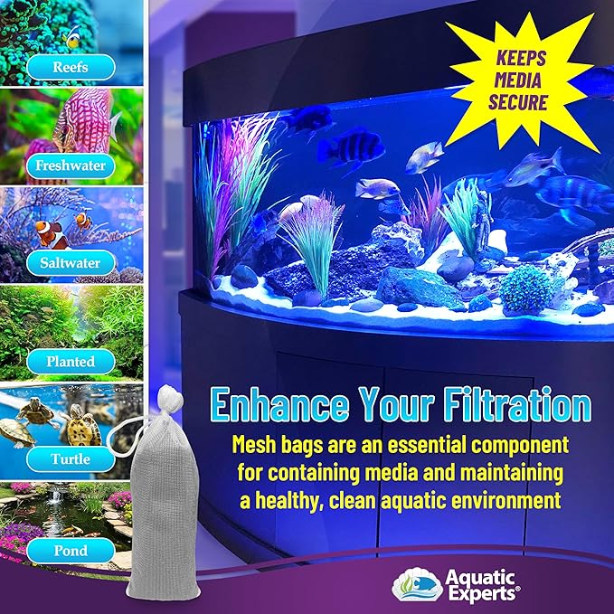 Aquatic Experts Fine Aquarium Media Bag, Durable Drawstring Bags for Fish Tank Filters, 450 Micron Mesh, (Fine, 3"x 8" - 4 Pack)