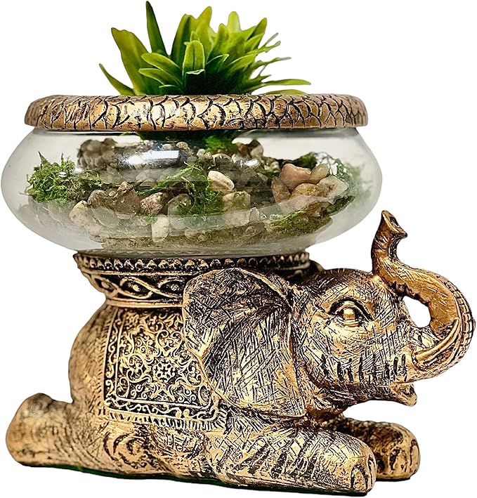 Good Luck Elephant Glass Bowl Gold Antiqued Polyresin Decorative Figurine with Removable Glass Bowl Terrarium, Candle Holder, or Tabletop Aquarium Home Decor with Gift Box
