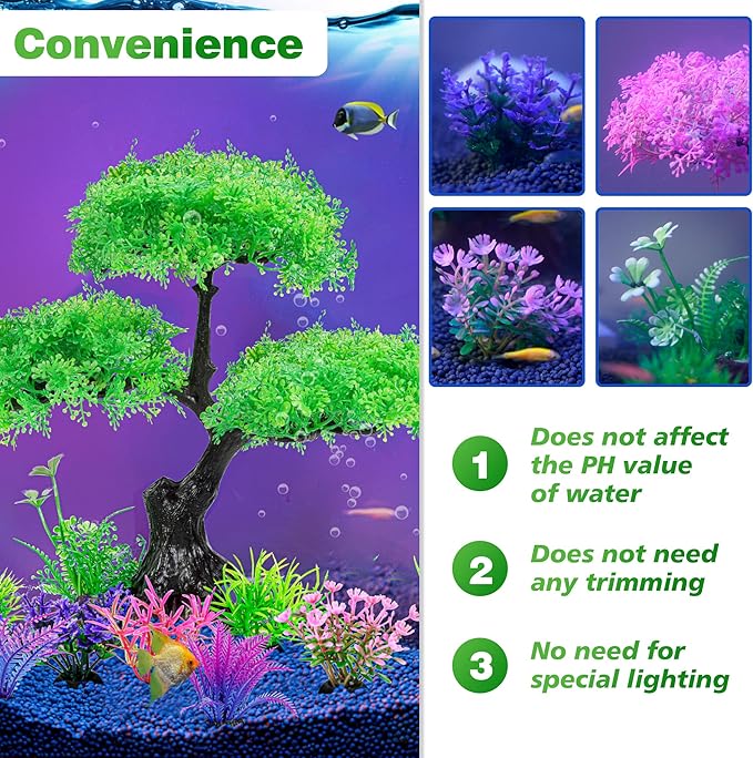 Ameliade Aquarium Artificial Plastic Plants Decoration, Aquarium Tree Decor Set, Goldfish Betta Fish Tank Decorations Hides Accessories (Green)
