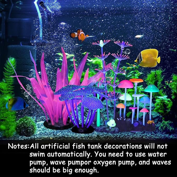 4 Pack Aquarium Fish Tank Decorations, Soft Silicone Coral Reef Plant Mushroom Kelp Decorations Glowing Artificial Ornament for Aquarium Fish Tank Glow Ornament
