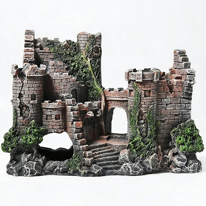 Aquarium Resin Castle Decoration, Air Bubbler Stone Cave Hideout House for Betta Fish, Shrimp & Turtles, Fish Tank Ornament Accessories for Breeding, Playing & Resting ，Decorative Bubbling Castle
