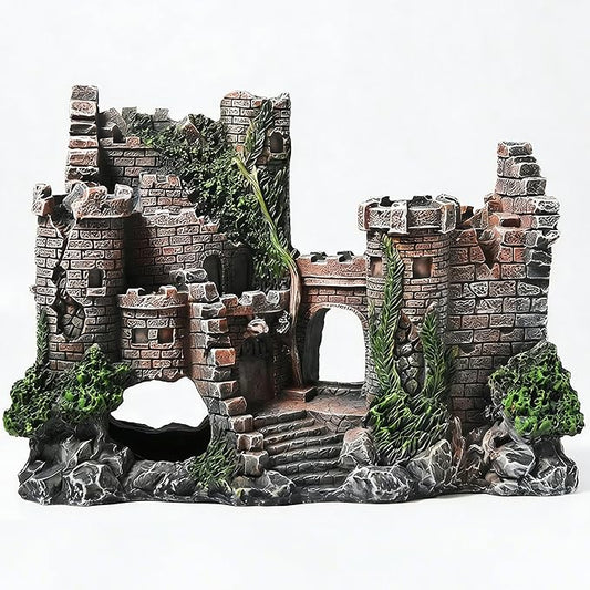 Aquarium Resin Castle Decoration, Air Bubbler Stone Cave Hideout House for Betta Fish, Shrimp & Turtles, Fish Tank Ornament Accessories for Breeding, Playing & Resting ，Decorative Bubbling Castle
