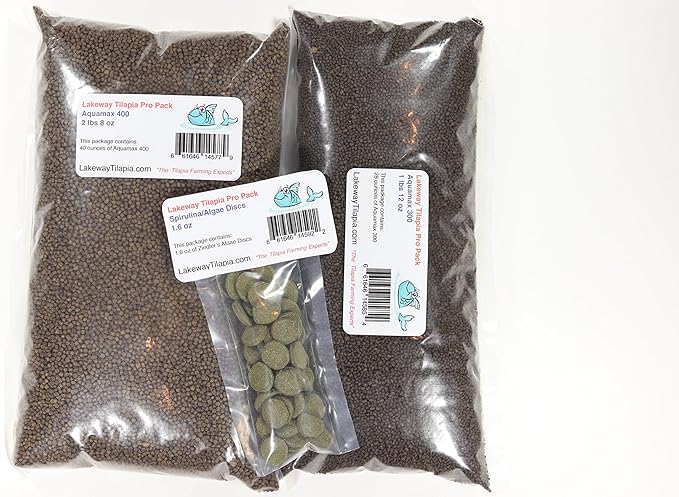 Pro Pack 40 Tilapia Food - to Raise 40 Tilapia from Fry Stage Up to 6 Inches Long with 1lb 12oz of 300, 2lb 8oz of 400 and 1.6oz of Algae Discs