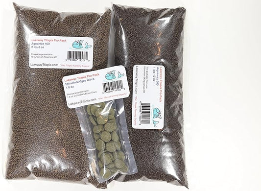 Pro Pack 40 Tilapia Food - to Raise 40 Tilapia from Fry Stage Up to 6 Inches Long with 1lb 12oz of 300, 2lb 8oz of 400 and 1.6oz of Algae Discs