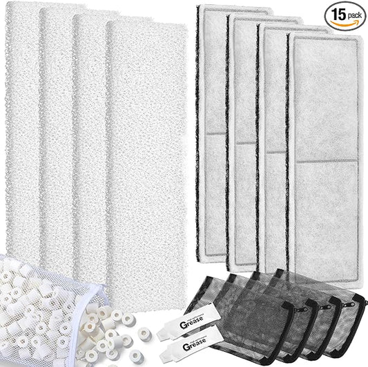Threlaco 15 Pcs Underwater Filter Media Compatible with Fluval U2, Including 4 Biological Foam Mat, 4 Poly/Carbon, 500g Bio-Ring, 4 Mesh Bags, 2 Grease, Maintenance & Replacement Filter Media Kit