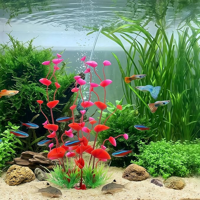 2 Pack 9.5 Inch Seaweed Artificial Aquarium Plants, Red, Plastic, with Ceramic Base, for Aquarium, Indoor