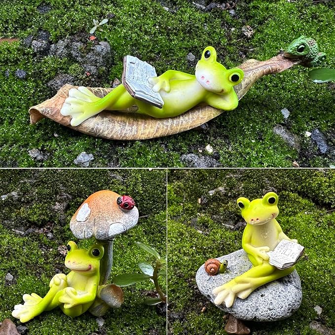 Resin Frog Ornaments for Fish Tanks and Home Decor,Enchanting Whimsical Frogs Reading Trio