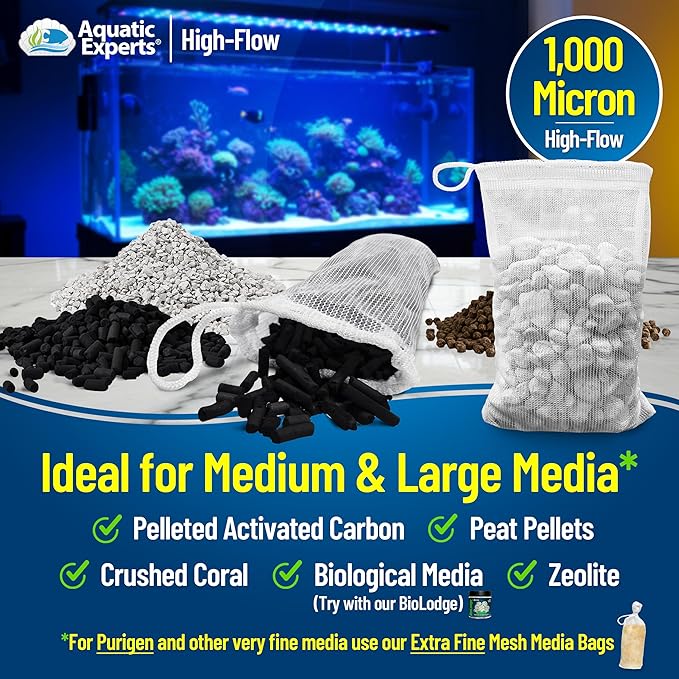 Aquatic Experts High Flow Filter Media Bag - Durable Filter Bags for Fish Tank, Secure Aquarium Media Bag with Drawstring, Media Bags for Aquarium and Pond, High Flow (White), 3” x 4” – 4 Pack