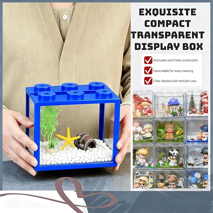 Small Betta Fish Tank, Stackable Mini Fish Tank Tiny Aquarium Tank Kit with Aquarium Gravel & Resin Decorations, 0.6 Gallon Cube Desktop Fishbowl for Snails, Crabs, Starfish (Blue)