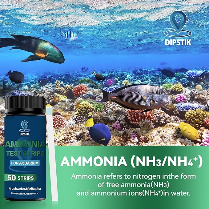 DIPSTIK Ammonia Test Strips for Fish Tank,Feshwater & Saltwater Aquarium Water Test Kit (50)