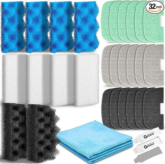 Threlaco 32 Pcs Filter Media Compatible with Fluval 106/107, Aquarium Replacement Maintenance Kit, Including Biological Sponge, Ammonia/Phosphate/Nitrite Remover Pad, Aquarium Towel, Grease