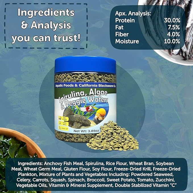 3.5mm - 1/8" Micro Sinking Wafers of Spirulina, Algae & Veggies for Bottom Fish, Plecos, Shrimp, Snails, All Tropical Fish, 4-Type Wafer & 12-Type Pellet Mix Included 10oz