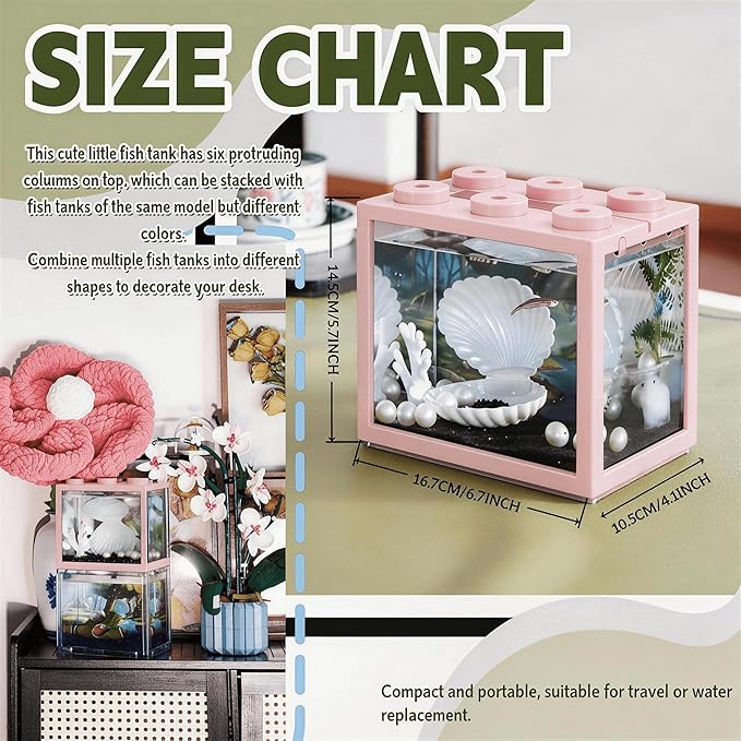 Small Betta Fish Tank, Mini Sea Monkey Tank Aquarium Kit with Gravel & Background Resin Decor, 0.6 Gallon Stackable Tabletop Fish Bowl Accessories for Shrimp Seaweed Ball (Pink)