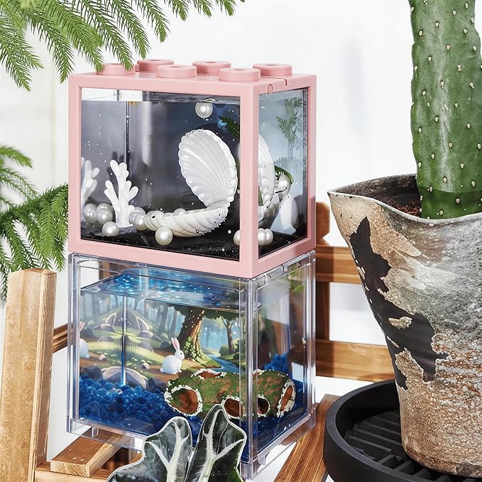 Small Betta Fish Tank, Mini Sea Monkey Tank Aquarium Kit with Gravel & Background Resin Decor, 0.6 Gallon Stackable Tabletop Fish Bowl Accessories for Shrimp Seaweed Ball (Pink)