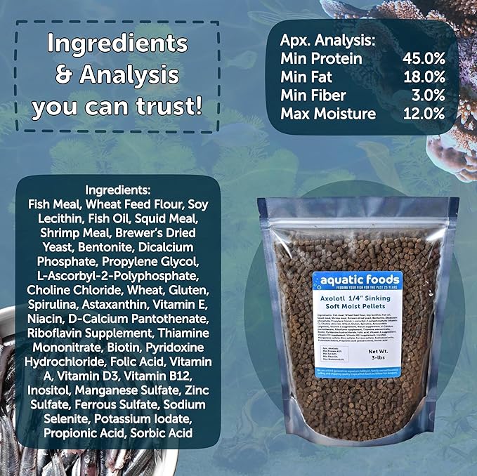 Axolotl Food 1/4" Soft Moist Sinking Pellets for Axolotls, Shrimp, Snails, Newts, Large Catfish, Monster Fish, Tropical Fish, Koi, Pond Fish, Salmon Meal Pellets - 1/2-lb