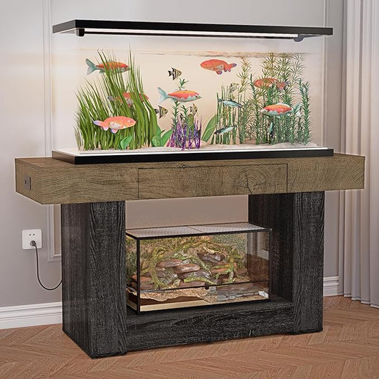 55–75/90 Gallon Aquarium Stand, Heavy Duty Fish Tank Stand for Turtle,Reptile&Amphibians,MDF Board Tabletop with Drawer&Power Outlet,Reinforced Metal Frame,Black/Brown Wood