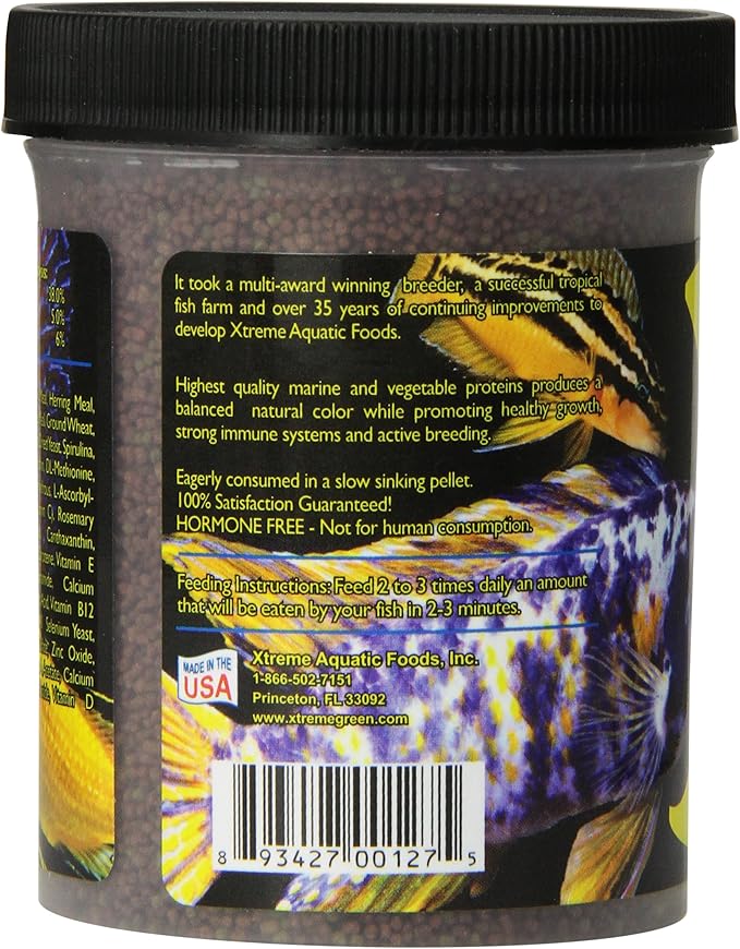 Xtreme Community Peewee 1.5mm Pellets: Slow Sinking & Ideal for Community Fish - Boosts Immune & Digestive Health, Enhances Color & Energy, Max Protein Fish Food – USA Farm Grown (5oz)