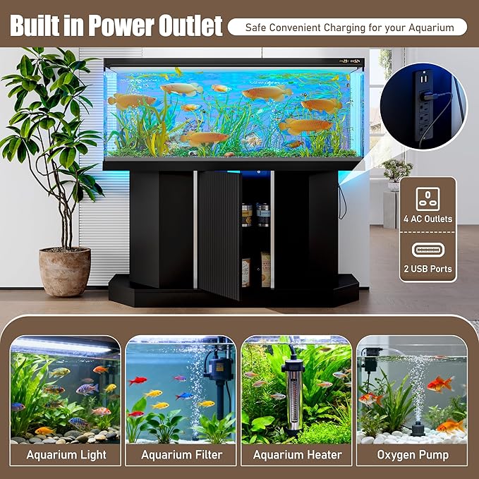 Modern 55-75 Gallon Fish Tank Stand with Power Outlet (4 AC 2 USB Ports), Heavy Duty Aquarium Stand with Cabinet Storage for Fish Tank, Turtle Tank, Reptile Terrarium, 880LBS Capacity, Black