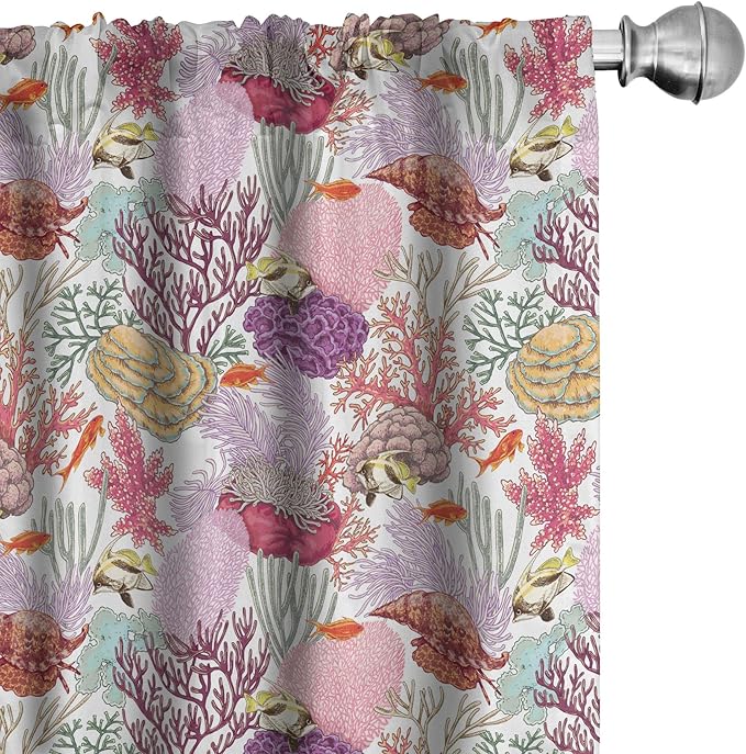 Lunarable Aquarium Curtains, Colorful Coral Reef Pattern with Exotic Fishes and Seashells Aquatic Ecosystem, Window Treatments 2 Panel Set for Living Room Bedroom, Pair of - 28" x 95", Pink Purple