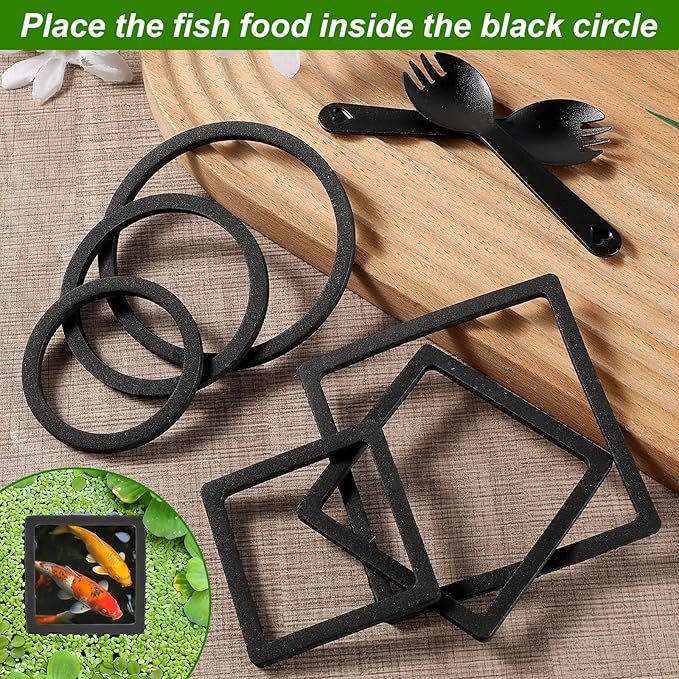 6 Pcs Aquarium Floating Plant Corral, Round & Square Fish Feeding Rings, EVA Fish Tank Accessories for Betta and Small Fishs, Floating Plant Barrier & Feeder Set with 2 Feeding Forks (Black)