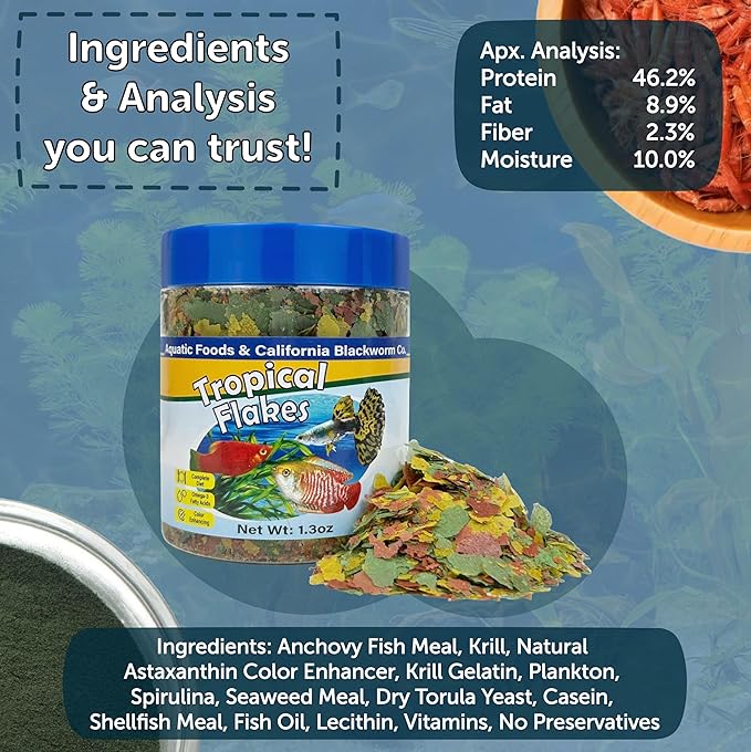 Premium Tropical Fish Flakes, for Angel Fish, Guppies, Live Bearers, Loaches, Gouramis, Cichlids, All Tropical Fish. 12-Type pellets and 4-Type Wafers Included..1.30oz Canister