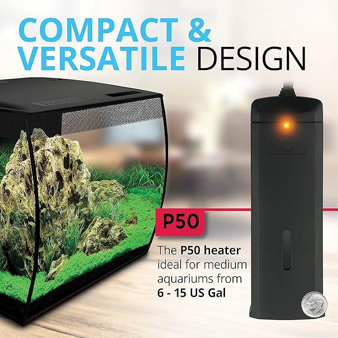 Fluval P50 Submersible Aquarium Heater – 50W, Preset 76-78°F for Freshwater & Saltwater Tanks up to 15 Gal, Shatterproof, Fully Submersible, LED Indicator, Durable & Safe Fish Tank Heater