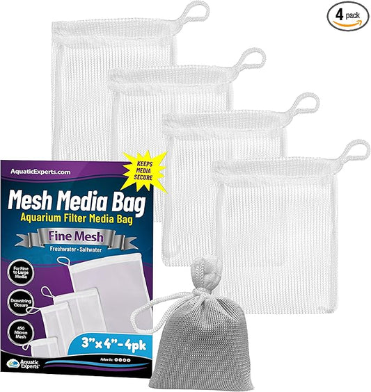 Aquatic Experts Fine Aquarium Media Bag, Durable Drawstring Bags for Fish Tank Filters, 450 Micron Mesh, (Fine, 3"x 4" - 4 Pack)