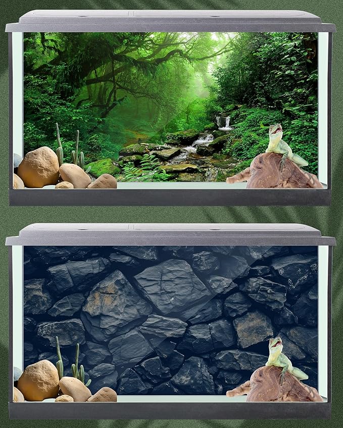 Breling 4 Pcs Reptile Habitat Background with Nano Glue Gobi Sun Cactus Stone and Green Tree Fern Stream Terrarium Background Polyester Durable Aquarium Accessories (Style2,36 x 18 Inch)