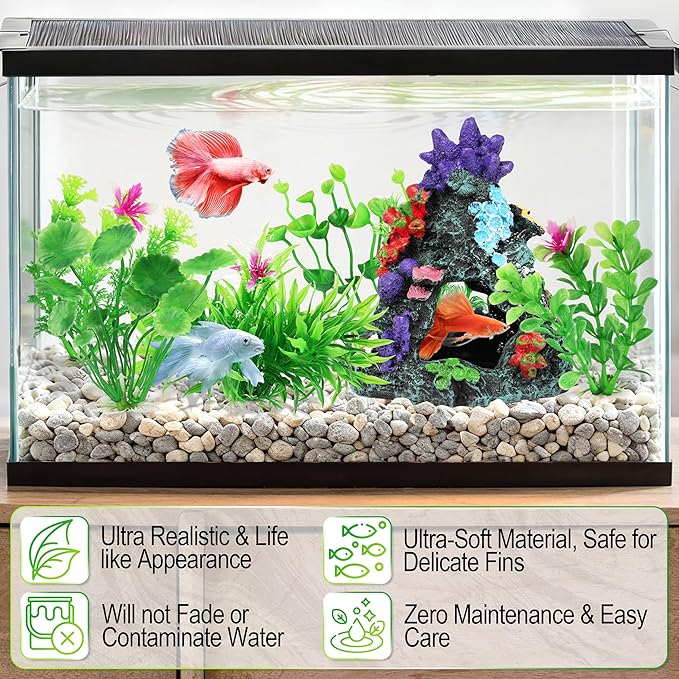 MyLifeUNIT Fish Tank Decorations, 7 Pieces Aquarium Plants Set with Coral Reef Decoration Mountain Cave Ornament for Betta, Goldfish, Shrimp to Breed, Play and Rest (Green)