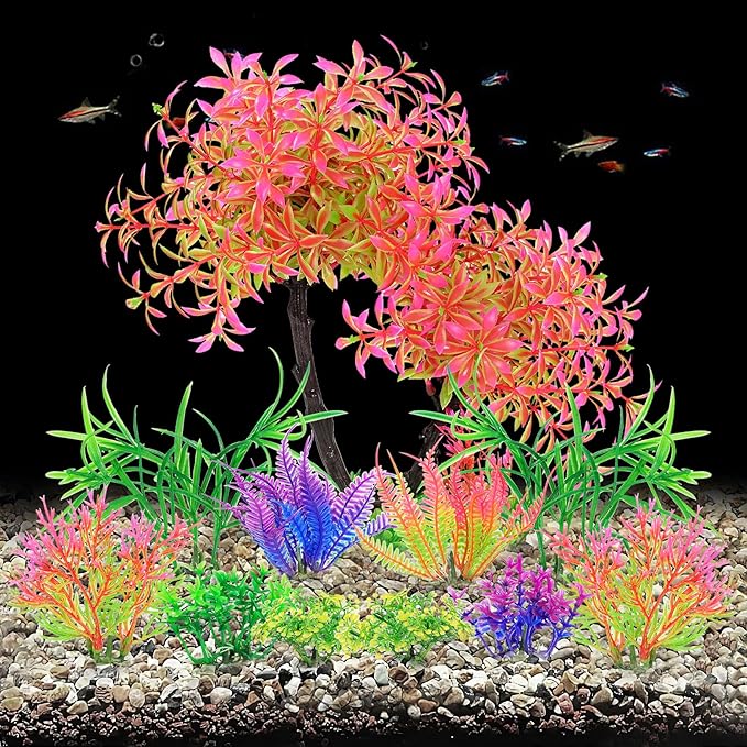 AQUANEAT Artificial Aquarium Plants, Fish Tank Pink Tree Decoration Set, Plastic Accessories, 11pcs