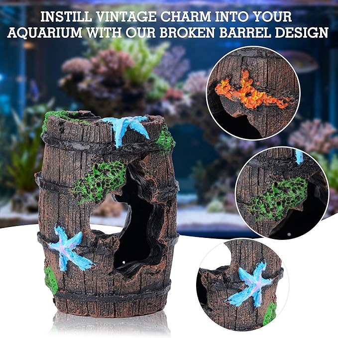 Ameliade Fish Tank Accessories Decorations Set with Broken Barrel Cave & 11 Artificial Aquatic Plants - Betta Goldfish Hiding Spots for Aquariums, Small Bowl Ornament Decor