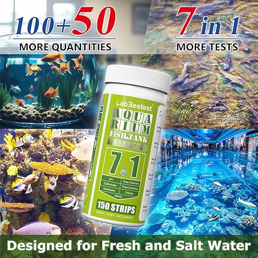 Aquarium Test Strips - Aquarium Water Test Kit - 150 Fish Tank Test Strips for Freshwater Saltwater - Pond Water Tester Kits - Rapid Accurate Easy to Test Nitrate, Nitrite and More (7-Way)