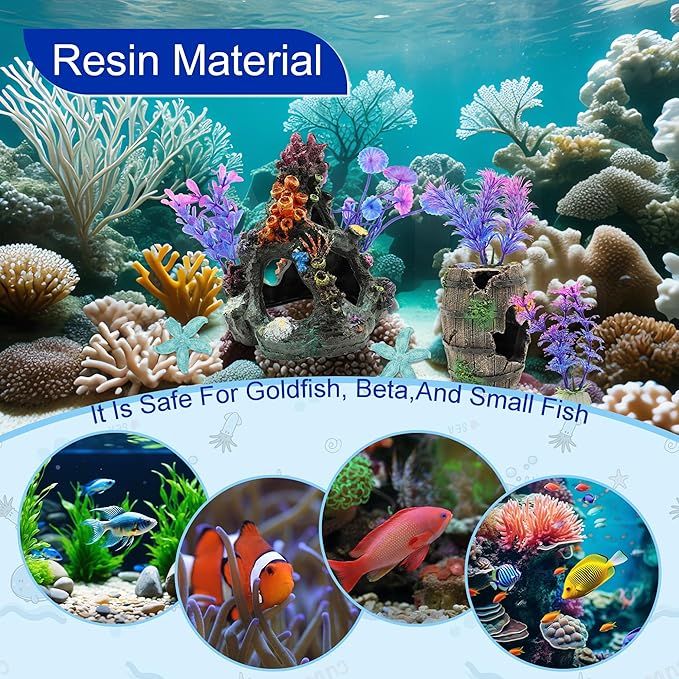 8 Pcs Fish Tank Decor, Small Aquarium Decorations Accessories, Fish Tank Plants Fish Cave Hideout, 2 x Aquarium Cave 4 x Aquarium Plant 2 x Starfish Ornament (Colorful)