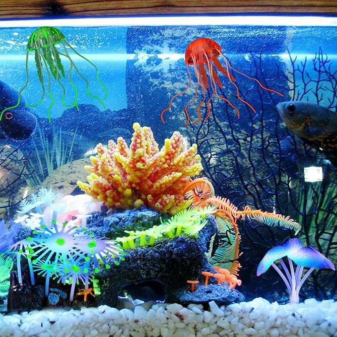 Weewooday 57 Pieces Glowing Fish Tank Decorations Plants with Simulation Silicone Coral Glowing Jellyfish Lotus Leaf Changeable Green Sea Anemone Luminous Stones for Aquarium Fish Tank Ornament