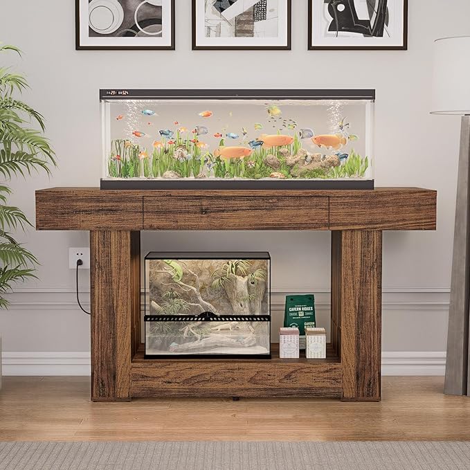 55–75/90 Gallon Aquarium Stand, 48 Inch Fish Tank Stand with Power Outlets & USB Ports, Heavy Duty Double Aquarium Stand for Turtle Reptile Terrarium, Farmhouse Tank Stand,Rustic Brown