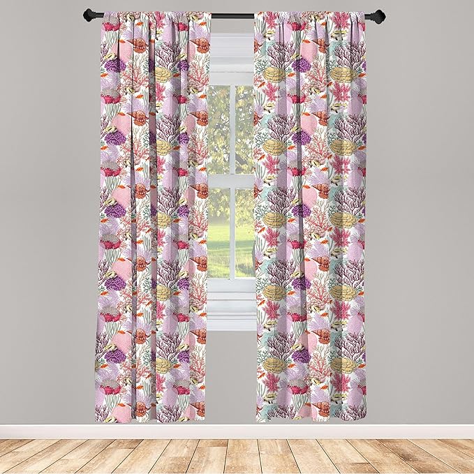 Lunarable Aquarium Curtains, Colorful Coral Reef Pattern with Exotic Fishes and Seashells Aquatic Ecosystem, Window Treatments 2 Panel Set for Living Room Bedroom, Pair of - 28" x 95", Pink Purple