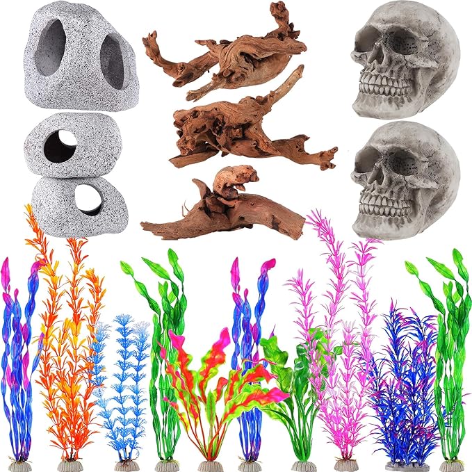 Jexine 18 Pcs Fish Tank Decorations Aquarium Decor Reptile Tank Accessories Set Include 10 Artificial Plastic Plants 3 Natural Driftwood 3 Rock Cave Decoration 2 Aquarium Skull