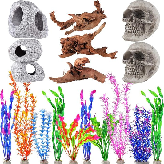 Jexine 18 Pcs Fish Tank Decorations Aquarium Decor Reptile Tank Accessories Set Include 10 Artificial Plastic Plants 3 Natural Driftwood 3 Rock Cave Decoration 2 Aquarium Skull