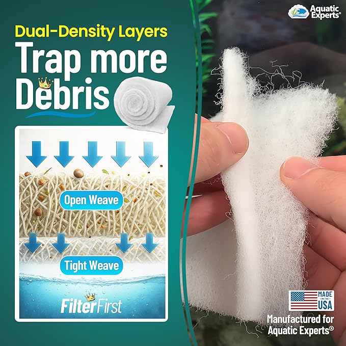 Aquatic Experts Aquarium Filter Floss for Fish Tank Filters - FilterFirst Aquarium Filter Pad - Media Roll for Crystal Clear Water, 3/4" - 1" Thick (18 Inch Wide, 12 Feet Long)