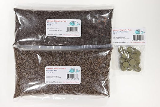 Pro Pack 30 Tilapia Food - to Raise Tilapia from Fry Stage Up to 6 Inches Long with Over 1 Pound 5 Ounces of 300, 1 Pound 14 Ounces of 400, and 1.2 Ounces of Algae Disc
