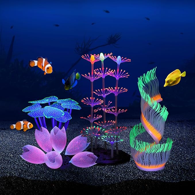 Glowing Aquarium Decorations, 4pcs Glow Sea Anemone Coral Ornaments, Silicone & Resin Material, Aquarium Decor