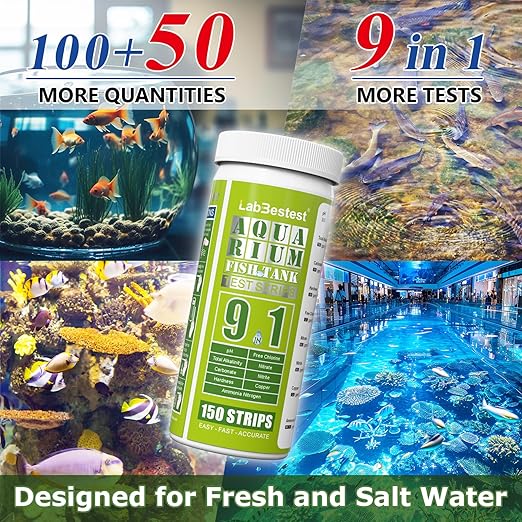 Aquarium Ammonia Test Strips - 150 Fish Tank Testing Strips for Freshwater Saltwater - Pond Water Tester Kit - Rapid Accurate Easy to Test pH, Nitrate, Nitrite, Ammonia and More (9-Way)