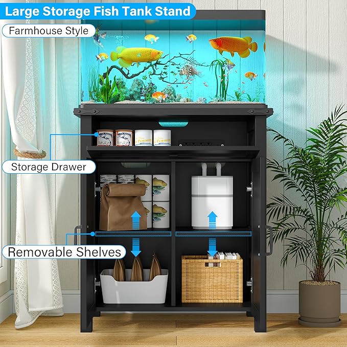 kepptory 20 Gallon Fish Tank Stand with Power Outlets, Farmhouse Decorative Aquarium Stand Furniture with Adjustable Shelves, 10-20 Gallon Reptile Turtle Tank Stand with Cabinet Storage (Black, 20GL)