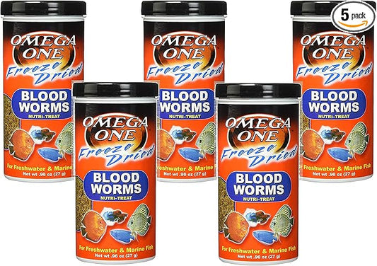 Omega One 5 Pack of Freeze Dried Blood Worms Fish Treat, 0.96oz Each
