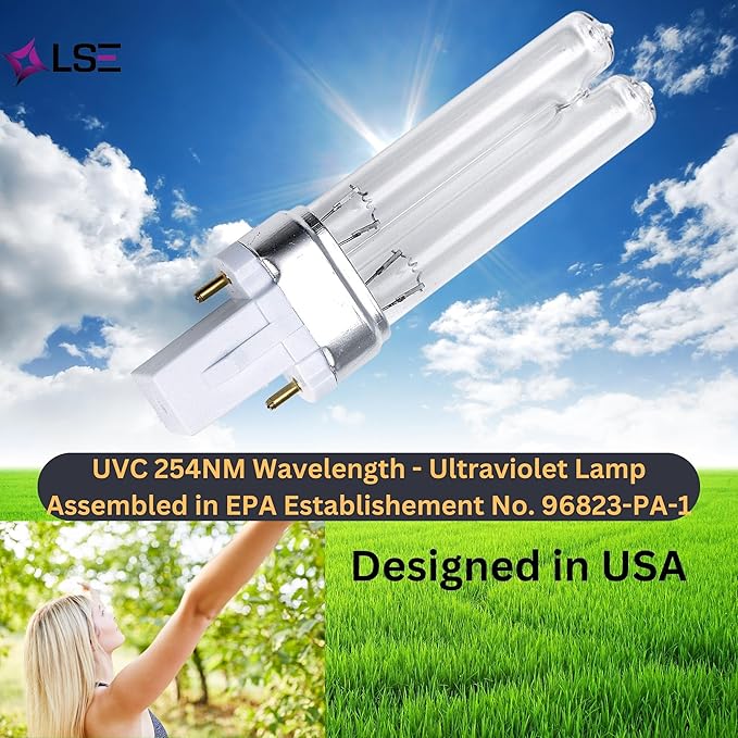 LSE Lighting 7W UV Bulb | Compatible with AquaTop PF40-UV, PF25-UV, SP7UV, UVE-7, R7WUV-SQ | Square 2-Pin Base | Quartz Ultraviolet Lamp | 12,000 Hour Super Life | Designed in USA