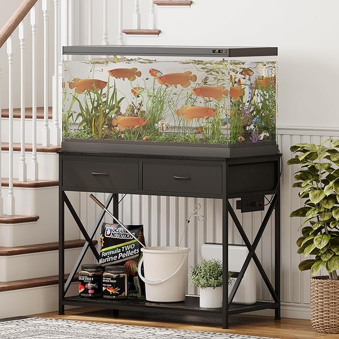 40-50 Gallon Fish Tank Stand，Aquarium Holder with Power Outlet and 2 Drawers，Heavy Duty Breeder Turtle Terrarium Stand Suitable for Turtle Tank, Reptile Terrarium, for Home Office (Black)