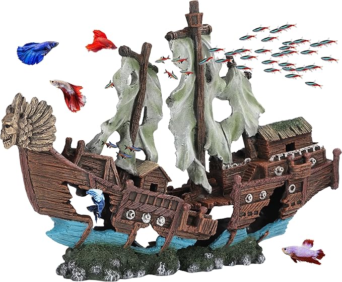 UNEAK - XXL Shipwreck Aquarium Large Decorations Ornament w/Sail (2 Pieces) 20 Gallons high and Larger Fish Tank, Sunken Ship Decoration Ornaments, Pirate Boat, Resin, Freshwater Saltwater Decor