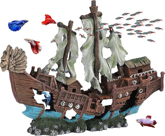 UNEAK - XXL Shipwreck Aquarium Large Decorations Ornament w/Sail (2 Pieces) 20 Gallons high and Larger Fish Tank, Sunken Ship Decoration Ornaments, Pirate Boat, Resin, Freshwater Saltwater Decor