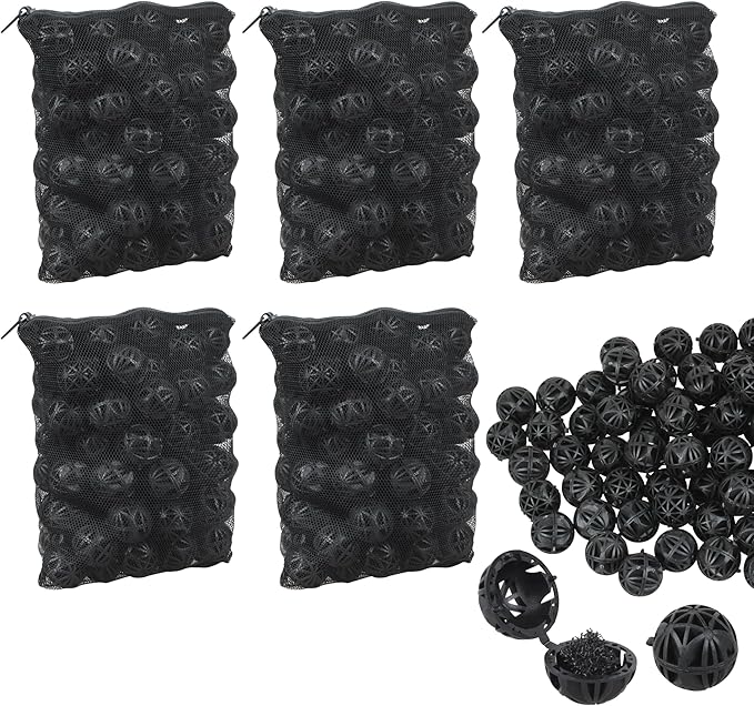 500 Pieces Black Bio Balls 1.02 Inch Internal Bioballs Filter Media for Aquarium Filter&Pond Filter with 5 Pieces Aquarium Filter Media Mesh Bags