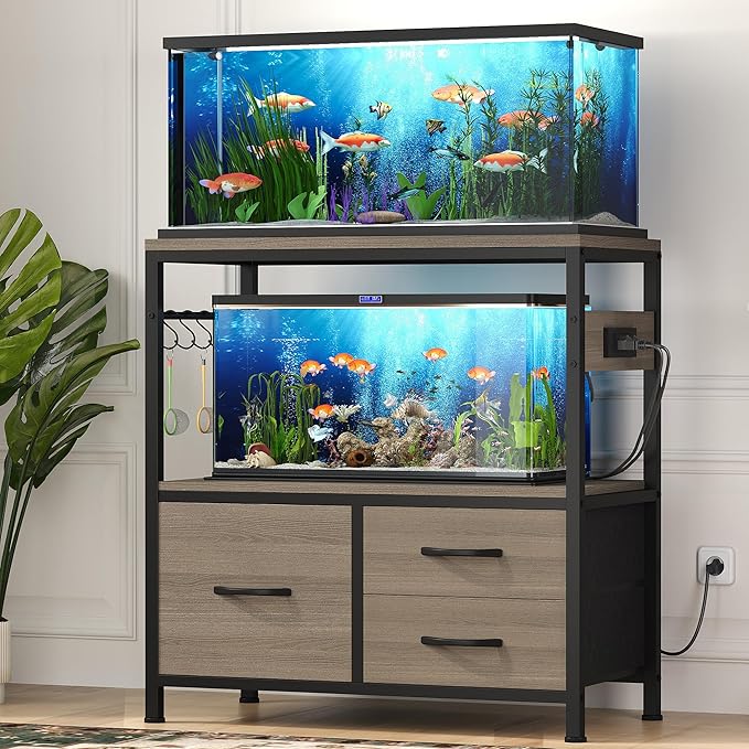 Heybly 20-29 Gallon Fish Tank Stand, Aquarium Stand with Drawer, Power Outlet, Heavy Duty Metal Frame, for Fish Tank, Turtle & Reptile Terrarium, 31.5" x 15.7" Top, 330lbs, Rustic Gray HAS001SG